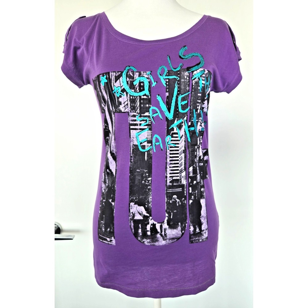 Tough Graphic T shirt Black Lace Purple Short Sleeves Shoulder Straps Y2K Milita